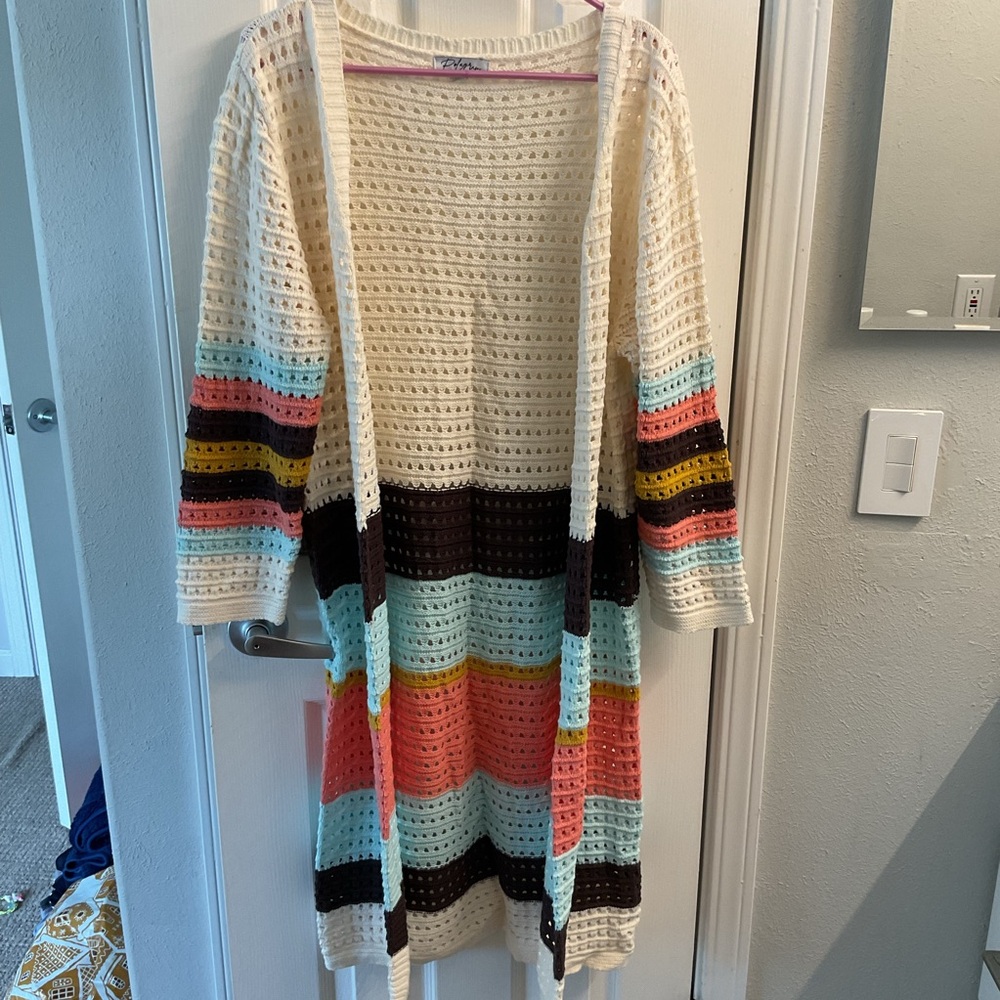 Polagram Open-Knit Long Cardigan with Multicolor Stripes small euc boho festival - Picture 2 of 7